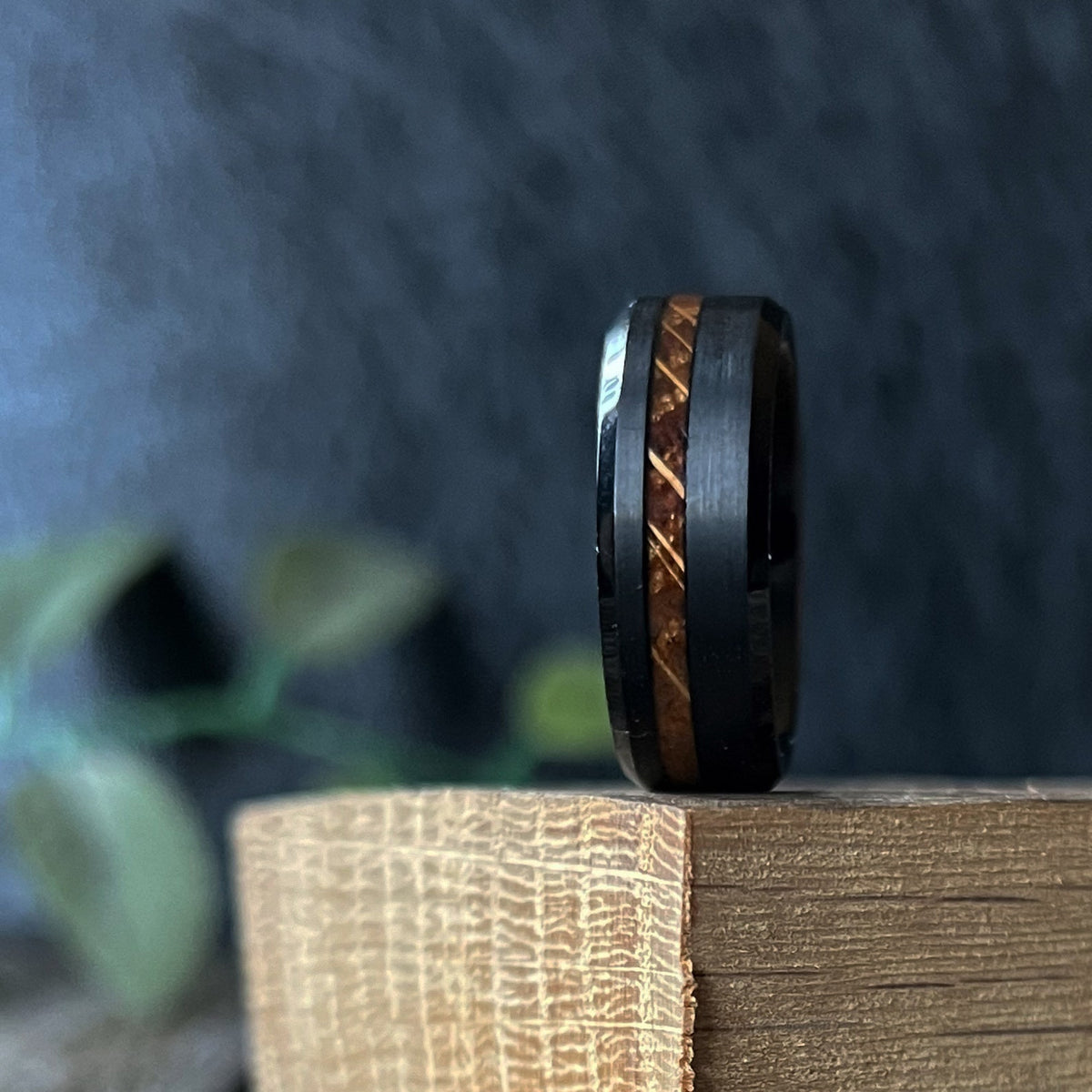 Whiskey Barrel Tungsten Wedding Band: Beveled Inlay Ring