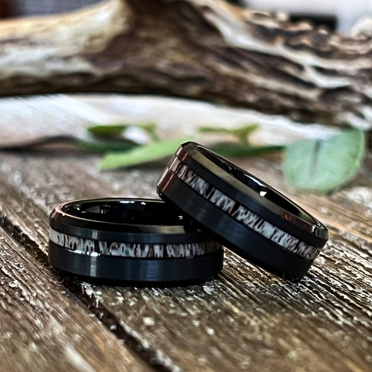 The Black Stag: Deer Antler Bevelled Tungsten Wedding Band with elk ring inlay