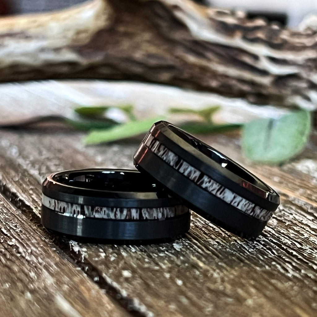 The Black Stag: Deer Antler Bevelled Tungsten Wedding Band with elk ring inlay
