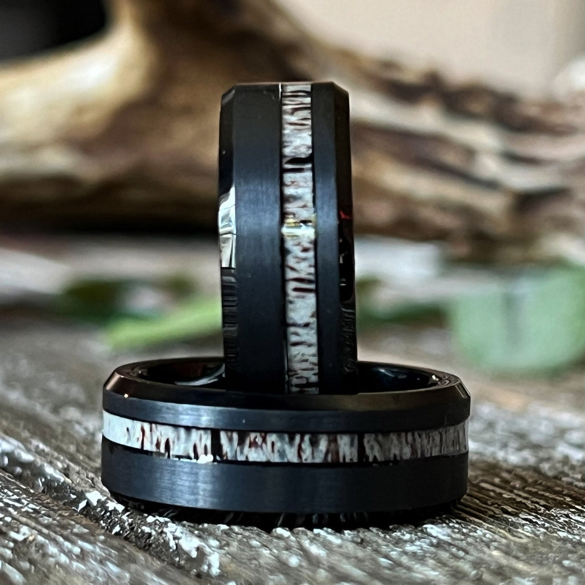 The Black Stag: Deer Antler Bevelled Tungsten Wedding Band with elk ring inlay
