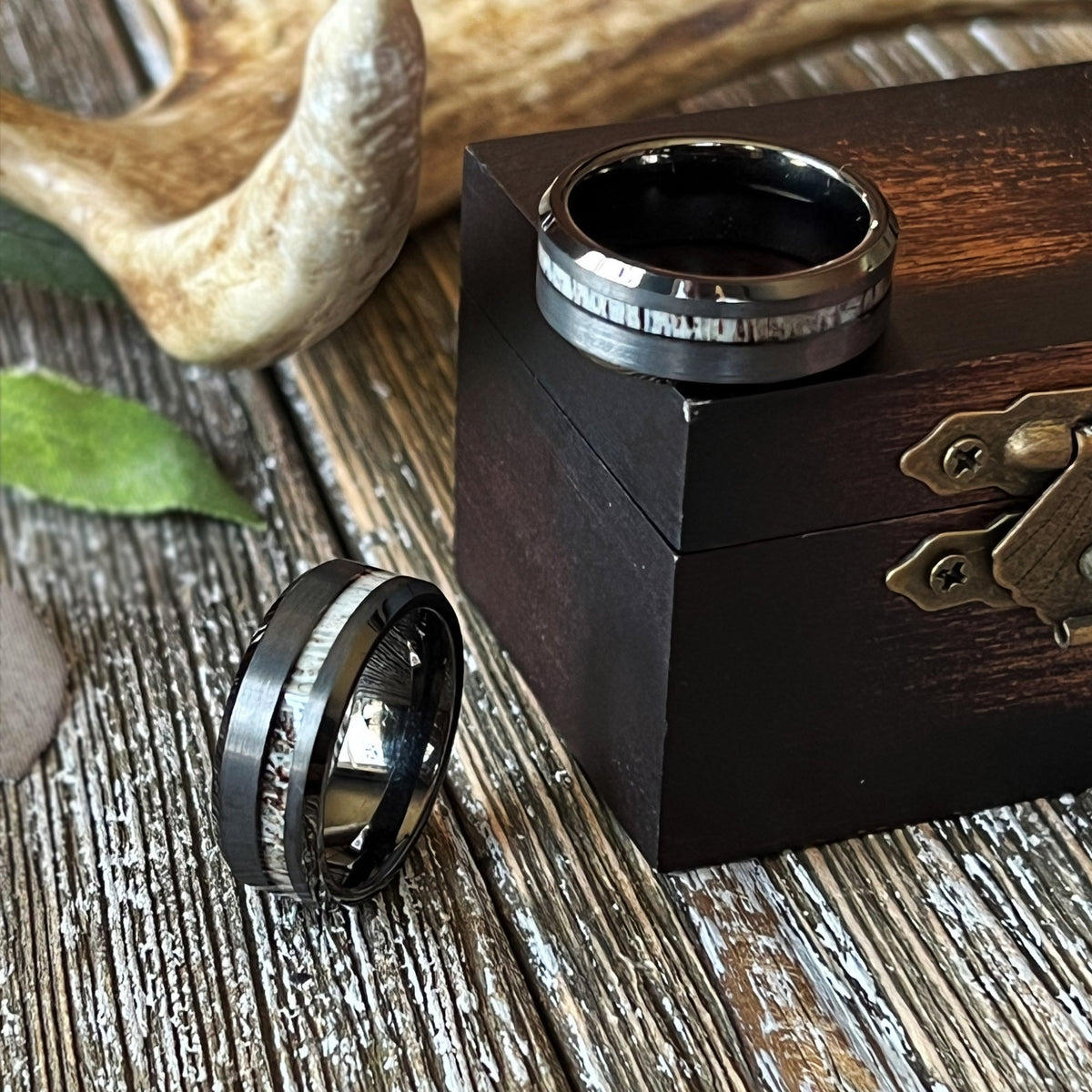 Beveled Deer Antler Offset Ring Tungsten Bevel wedding band Inlay