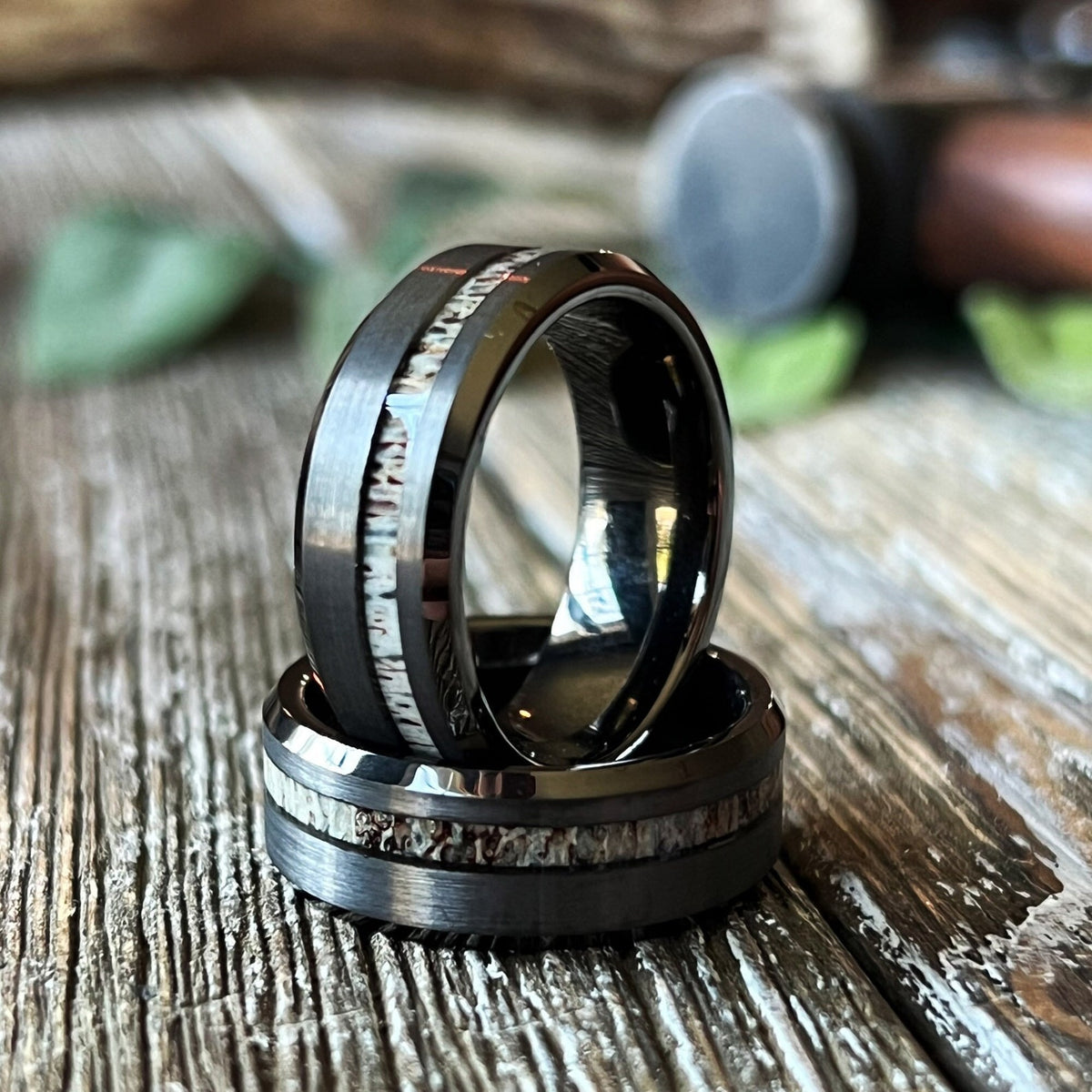 Beveled Deer Antler Offset Ring Tungsten Bevel wedding band Inlay