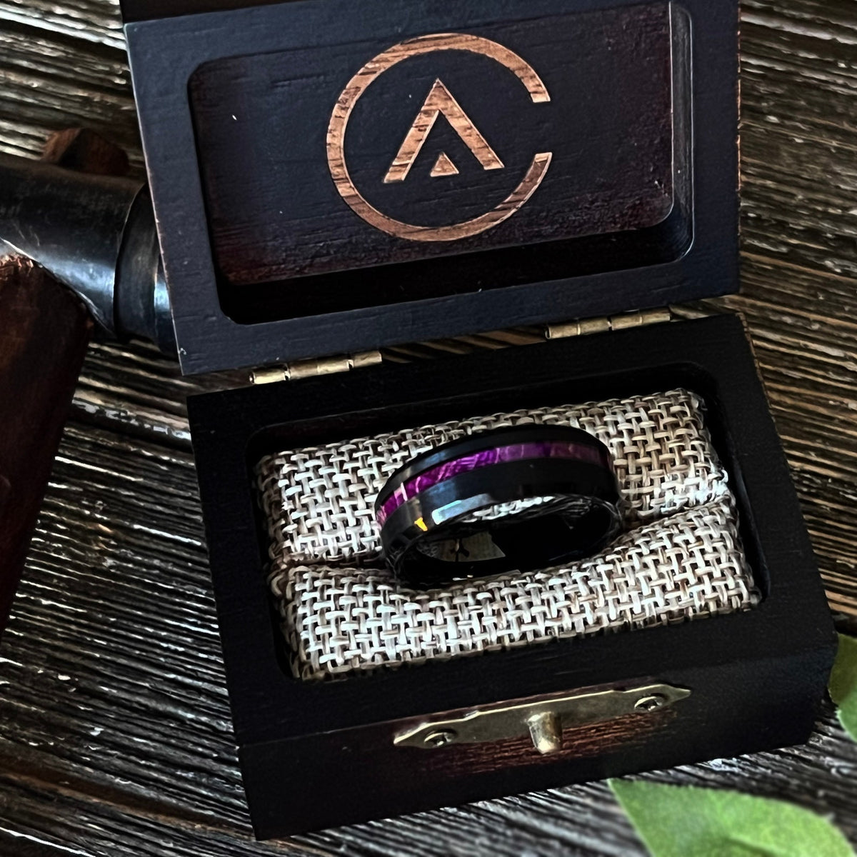 The Royal Flush: Purple Box Elder Wood Ring Tungsten Black Bevelled Wedding Band Inlay