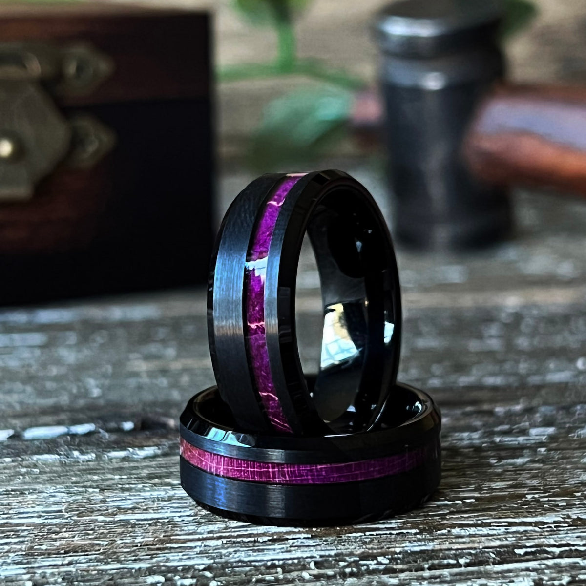 The Royal Flush: Purple Box Elder Wood Ring Tungsten Black Bevelled Wedding Band Inlay