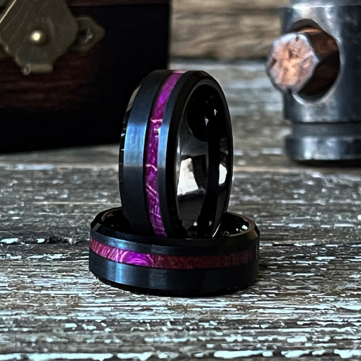 The Royal Flush: Purple Box Elder Wood Ring Tungsten Black Bevelled Wedding Band Inlay