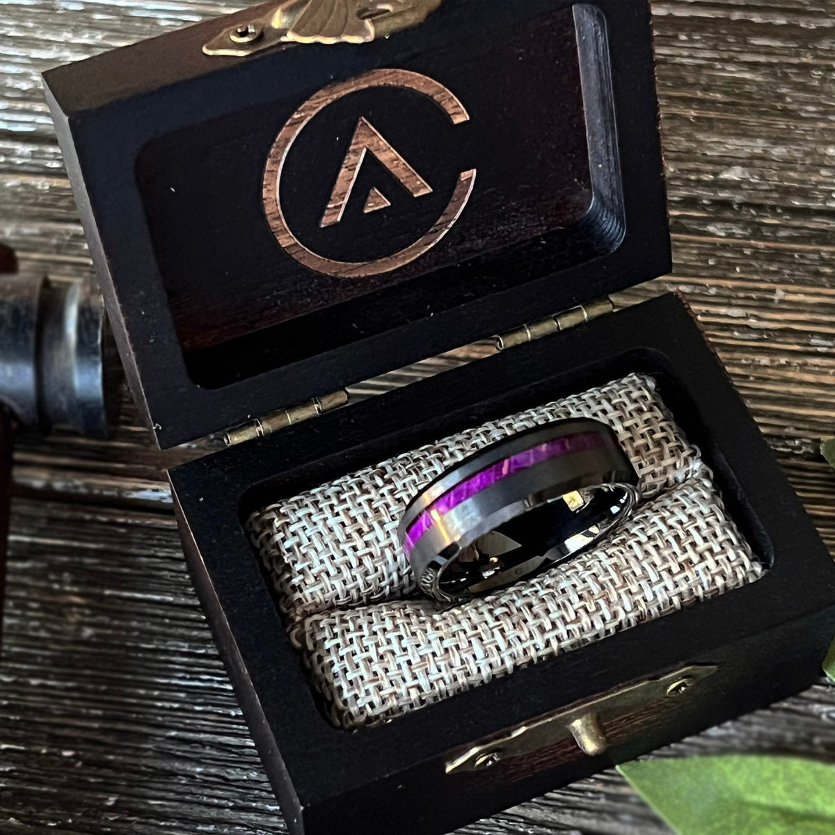 The Prince: Purple Box Elder Wood Beveled Ring Tungsten Gunmetal wedding Band Offset bevel
