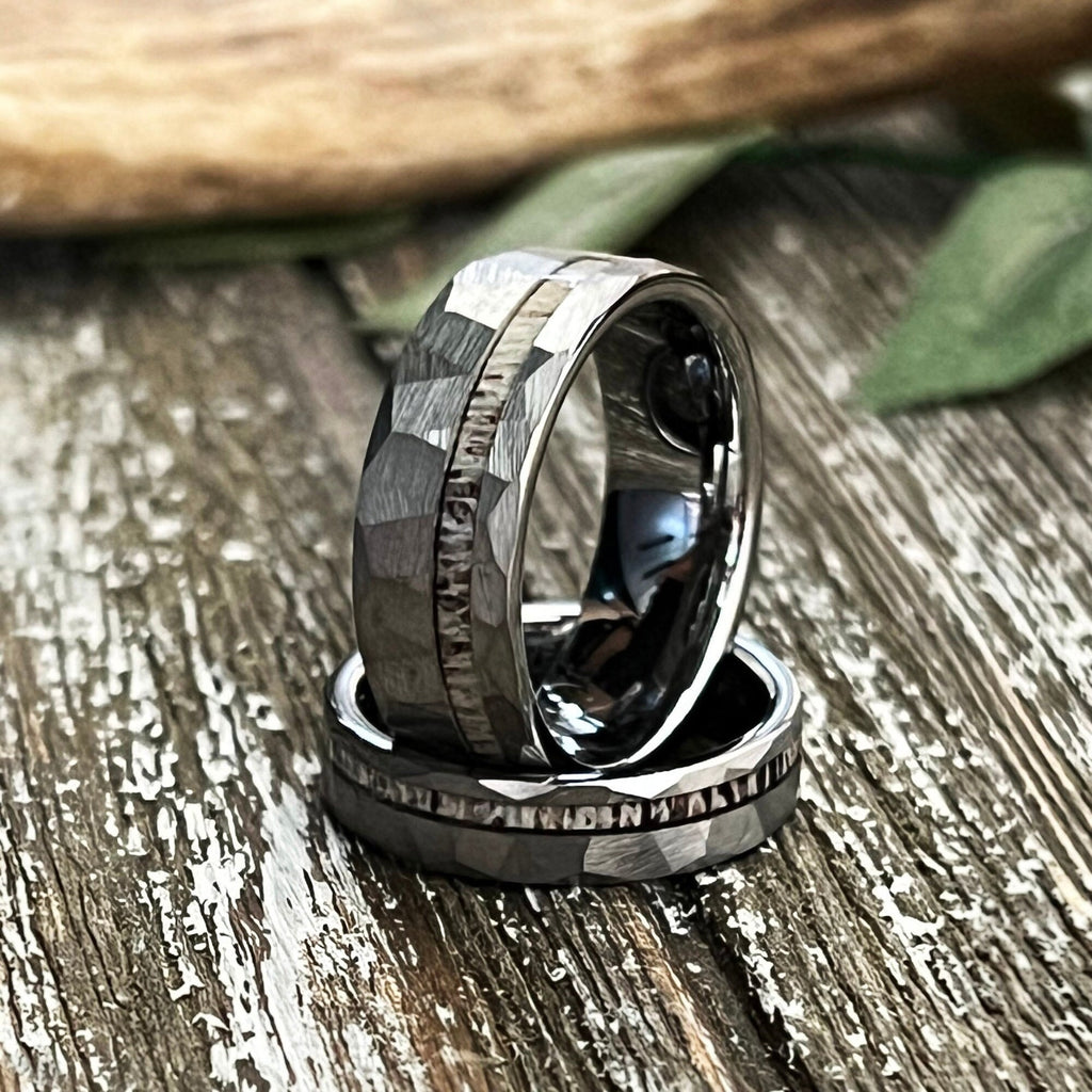 Reclaimed Antler Hammered Tungsten Wedding Band: The Silver Elk Ring