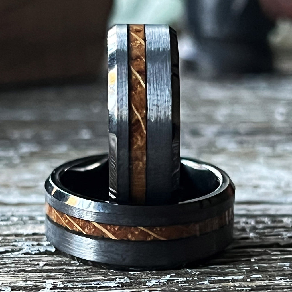 Whiskey Barrel Tungsten Wedding Band: Gunmetal Beveled Ring