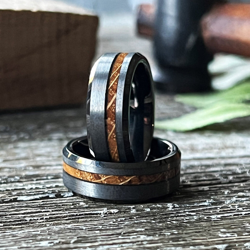 Whiskey Barrel Tungsten Wedding Band: Gunmetal Beveled Ring