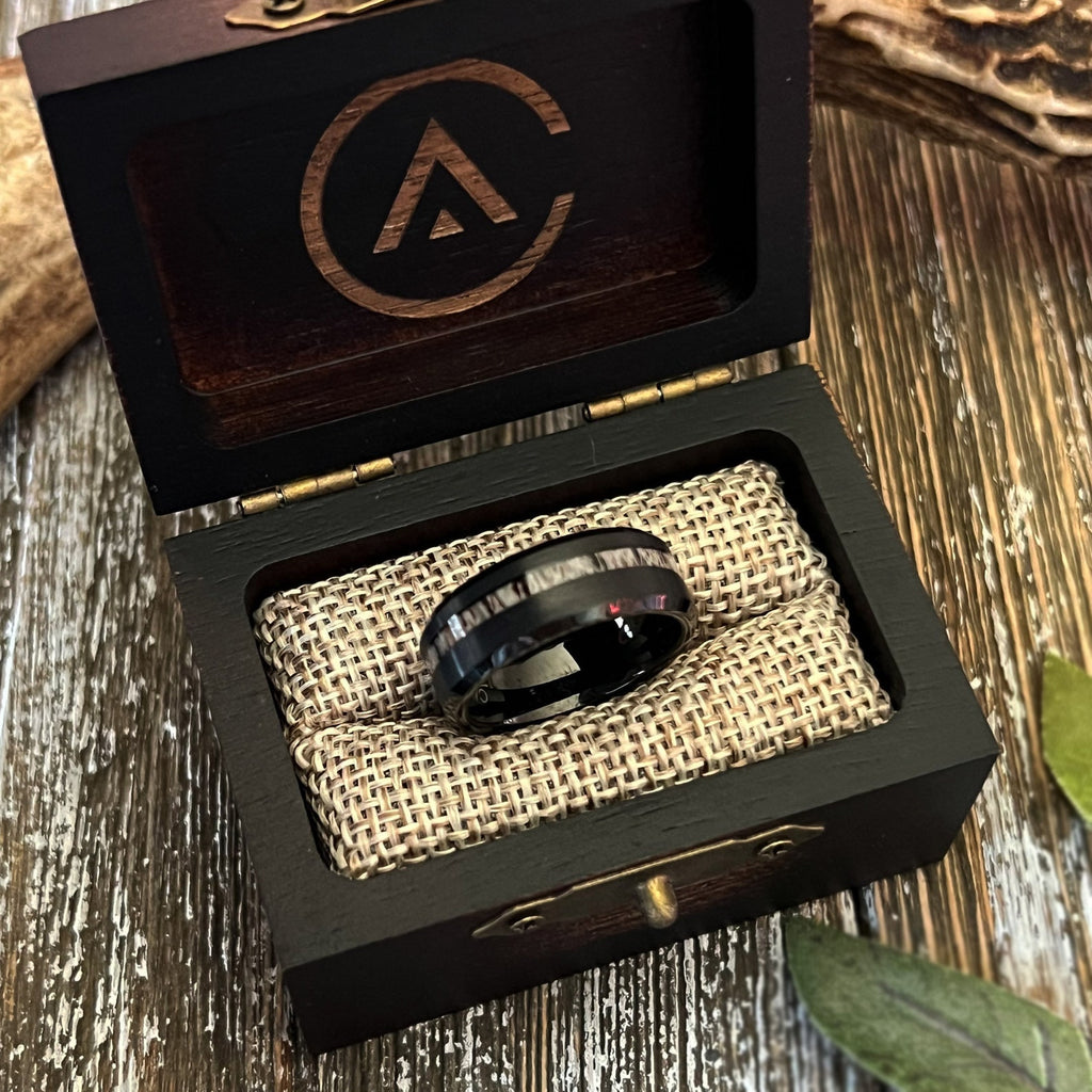 The Black Stag: Deer Antler Bevelled Tungsten Wedding Band with elk ring inlay