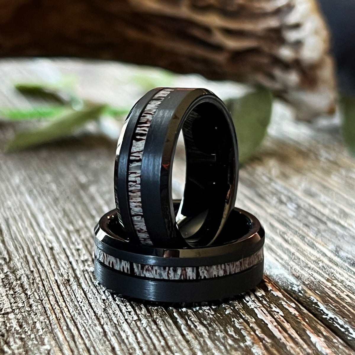 The Black Stag: Deer Antler Bevelled Tungsten Wedding Band with elk ring inlay
