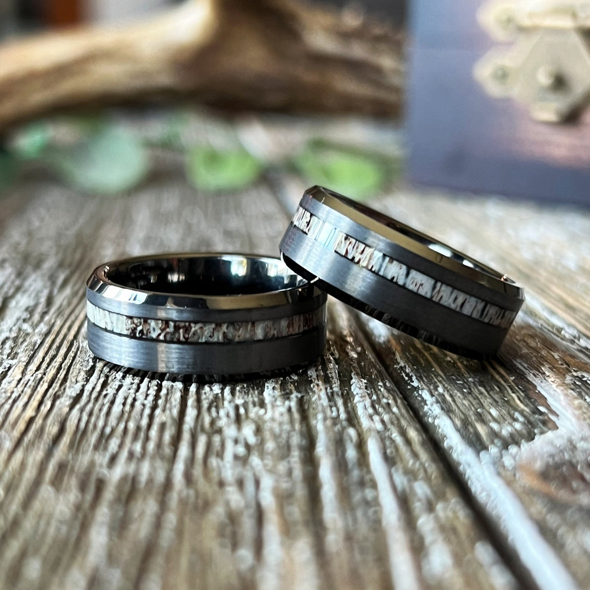 Beveled Deer Antler Offset Ring Tungsten Bevel wedding band Inlay