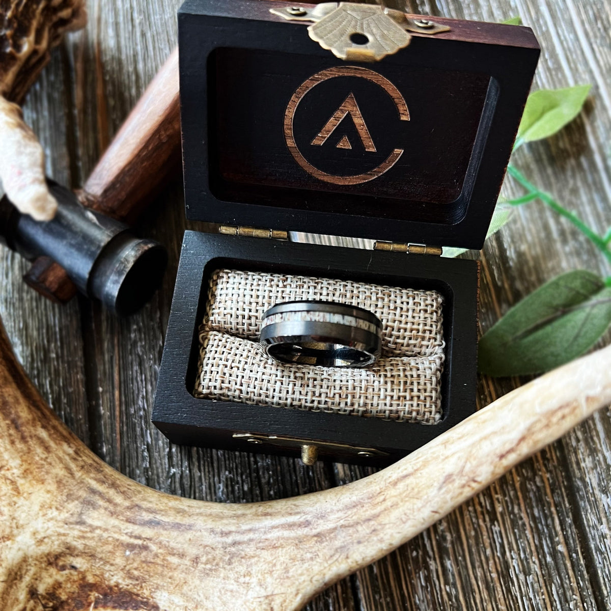 Beveled Deer Antler Offset Ring Tungsten Bevel wedding band Inlay