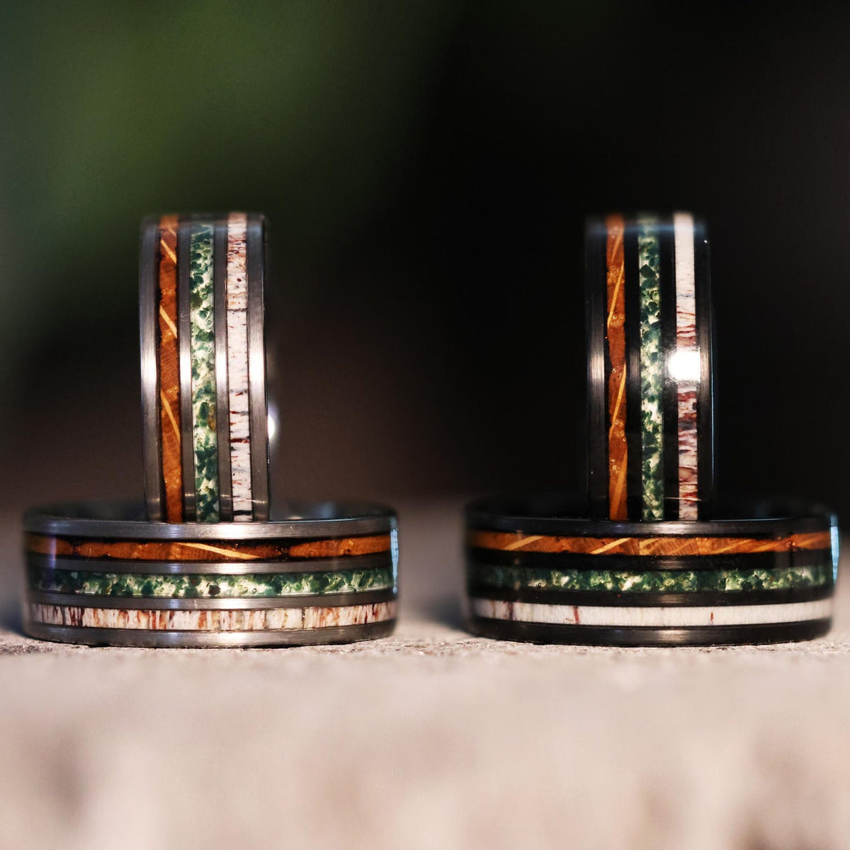 Moss Agate x Whiskey Barrel x Elk Antler: Gunmetal Tungsten Wood Wedding Ring Band
