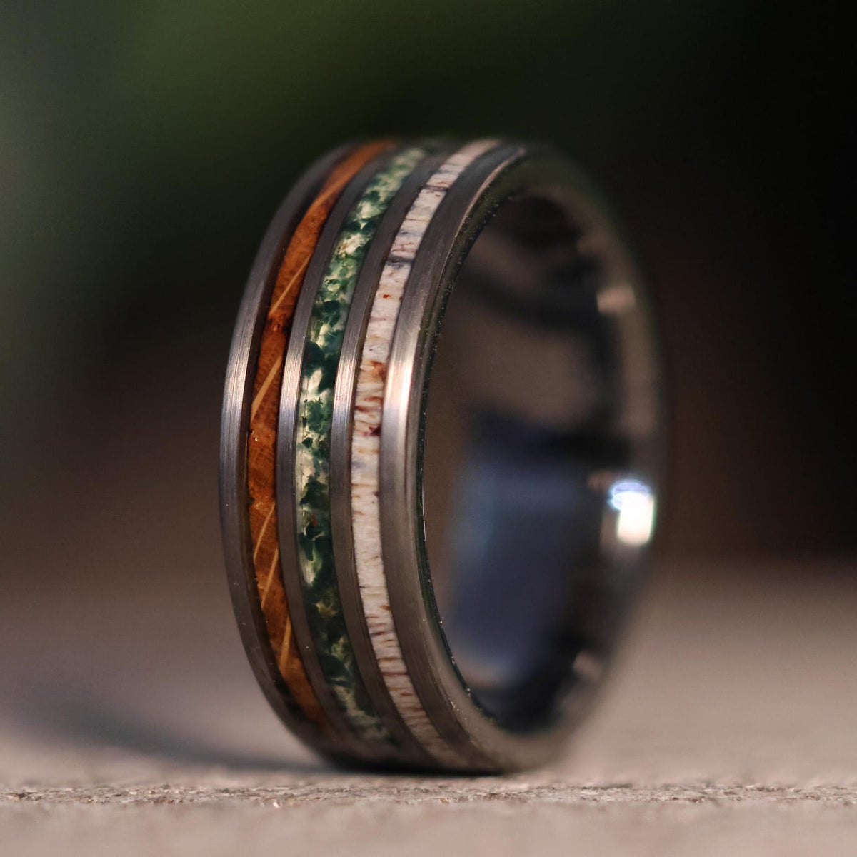 Moss Agate x Whiskey Barrel x Elk Antler: Gunmetal Tungsten Wood Wedding Ring Band