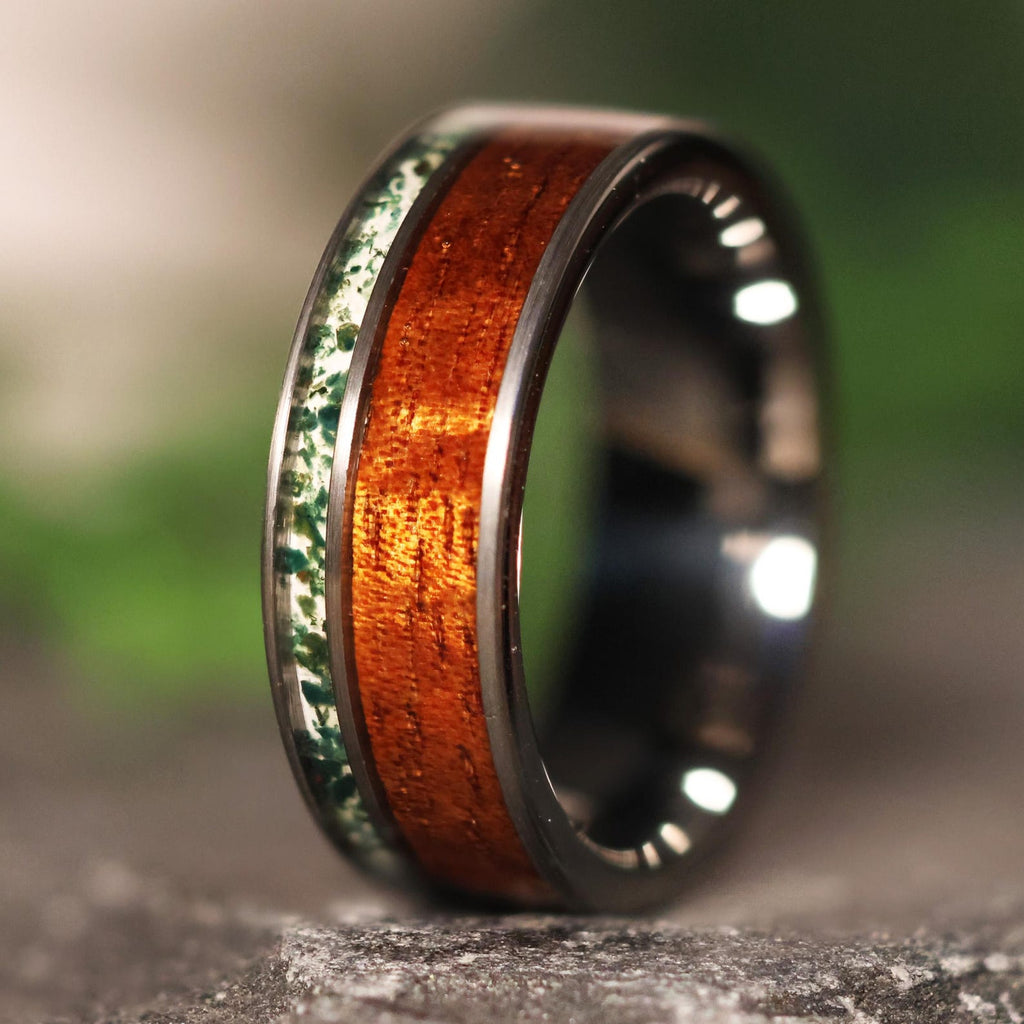 Koa Wood Moss Agate Tungsten Ring: Hawaiian Wedding Band