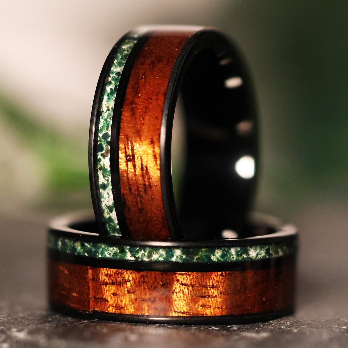 Mossy Koa: Moss Agate Hawaiian Koa Wood Tungsten Wedding ring band