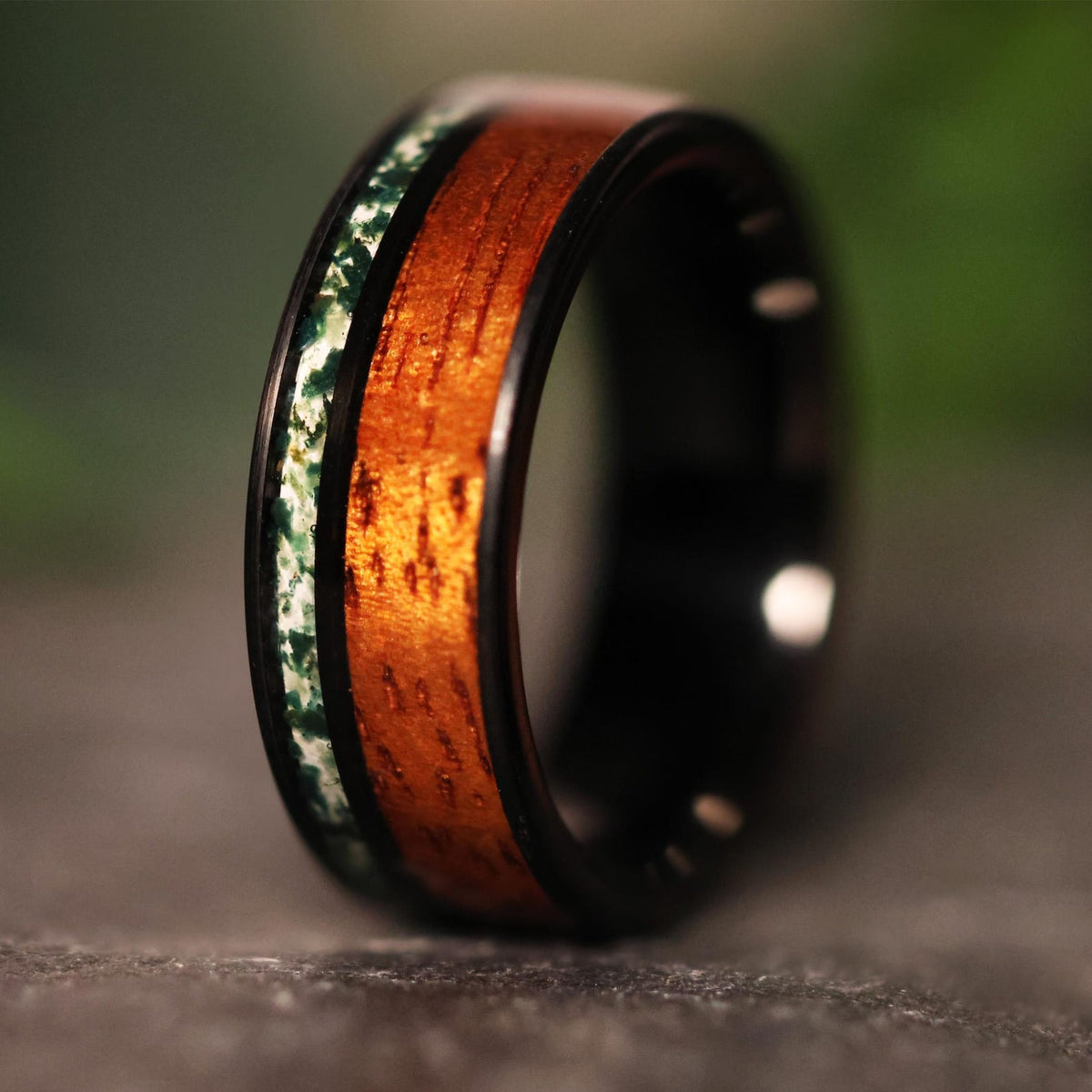 Mossy Koa: Moss Agate Hawaiian Koa Wood Tungsten Wedding ring band