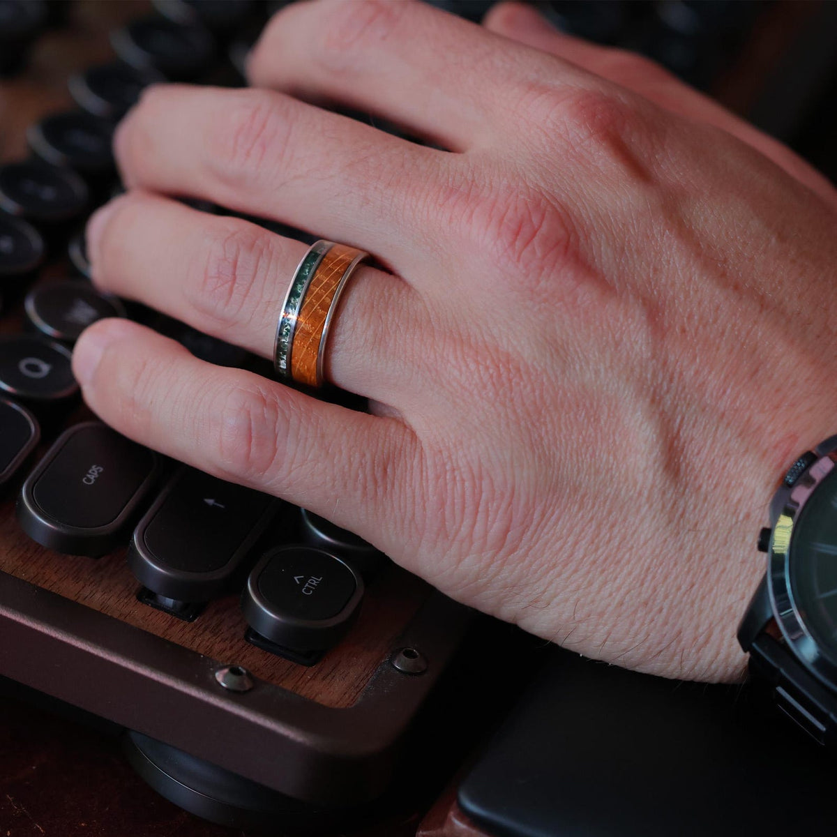 The Mossy Barrel: Whiskey Barrel x Moss Agate Gunmetal Tungsten Wood Wedding Ring Band