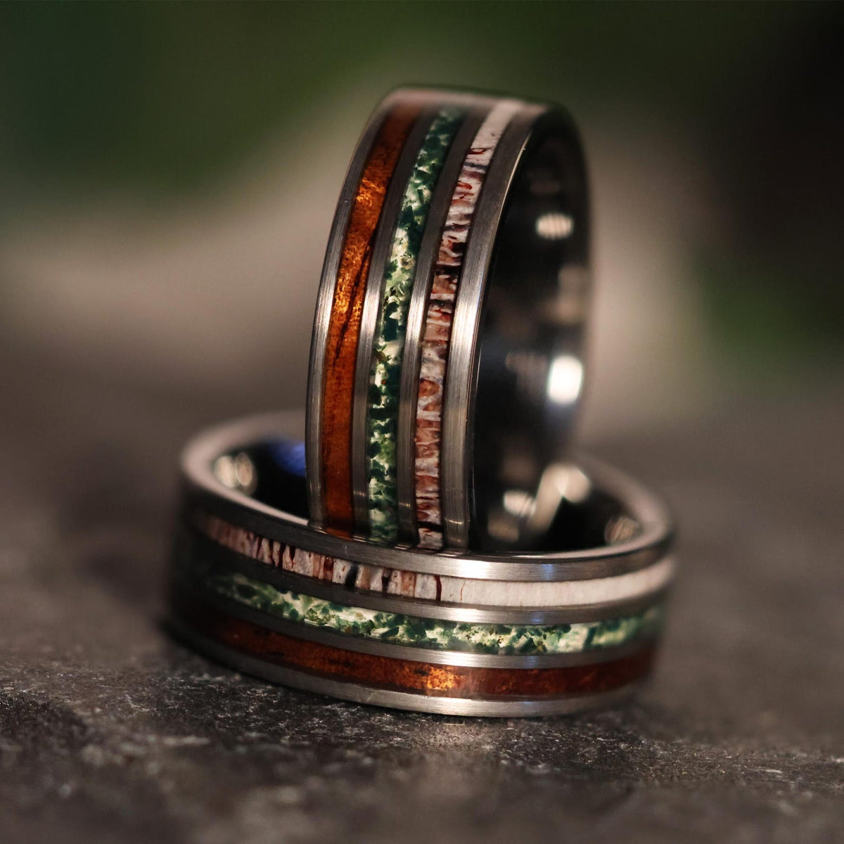 Moss Agate | Hawaiian Koa | Elk Antler  |  Wood Wedding Ring Band
