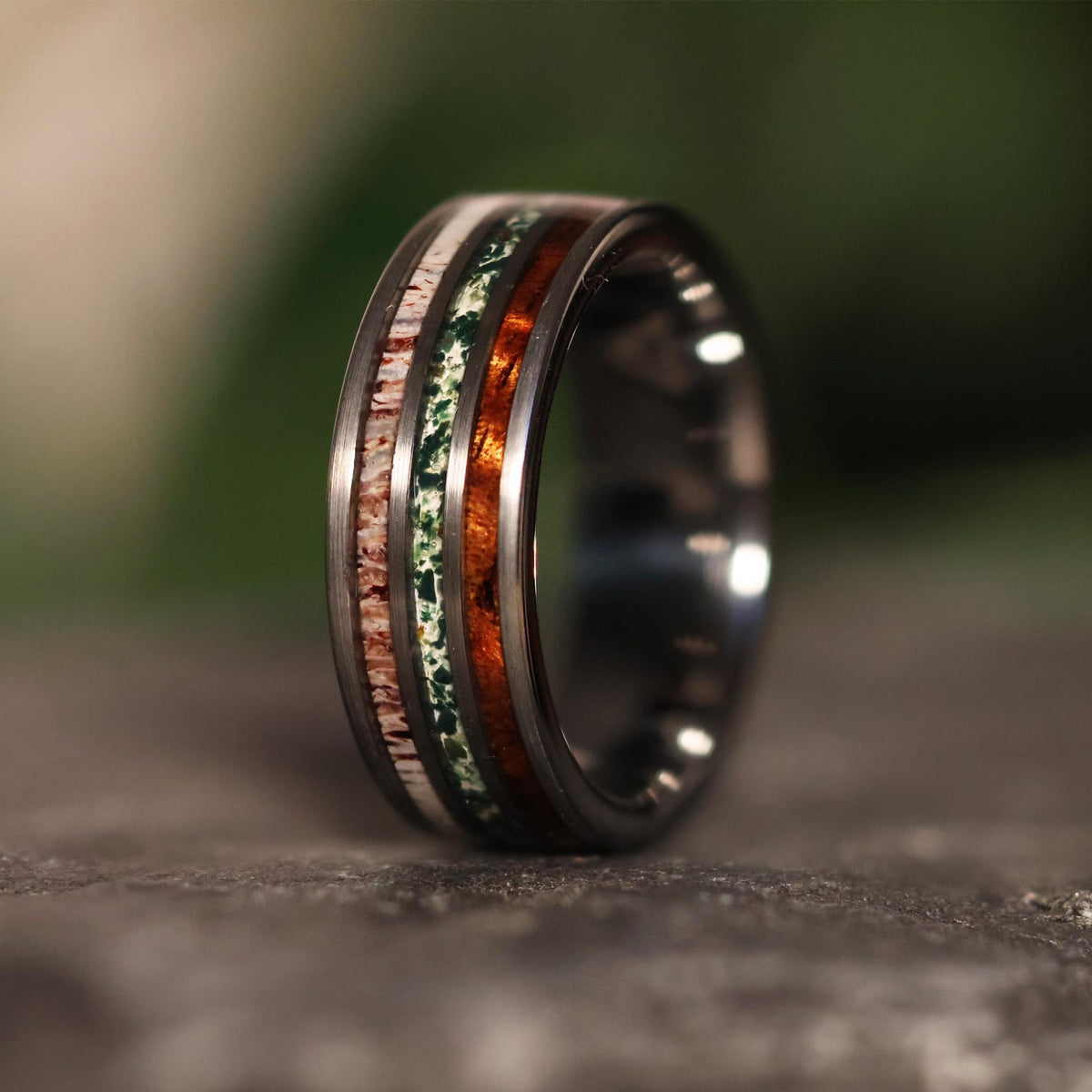 Moss Agate | Hawaiian Koa | Elk Antler  |  Wood Wedding Ring Band