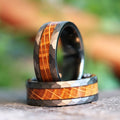 Hammered Whiskey Barrel Gunmetal Tungsten Wood Ring Wedding Band with White Oak Inlay