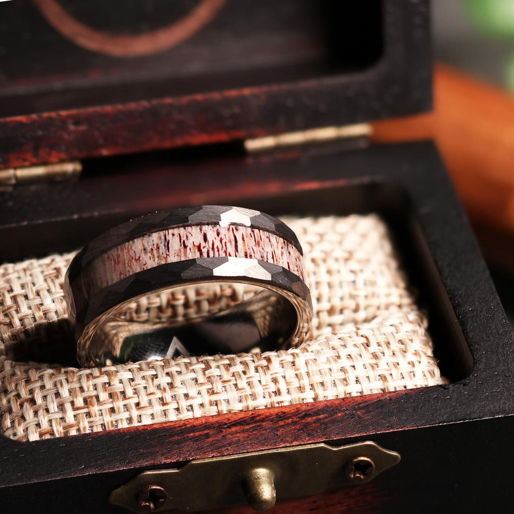 Hammered Antler Gunmetal Tungsten Wedding Band with Elk Antler Ring Inlay