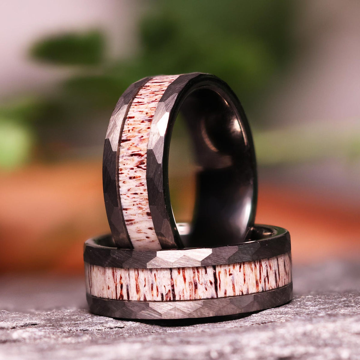 Hammered Antler Gunmetal Tungsten Wedding Band with Elk Antler Ring Inlay