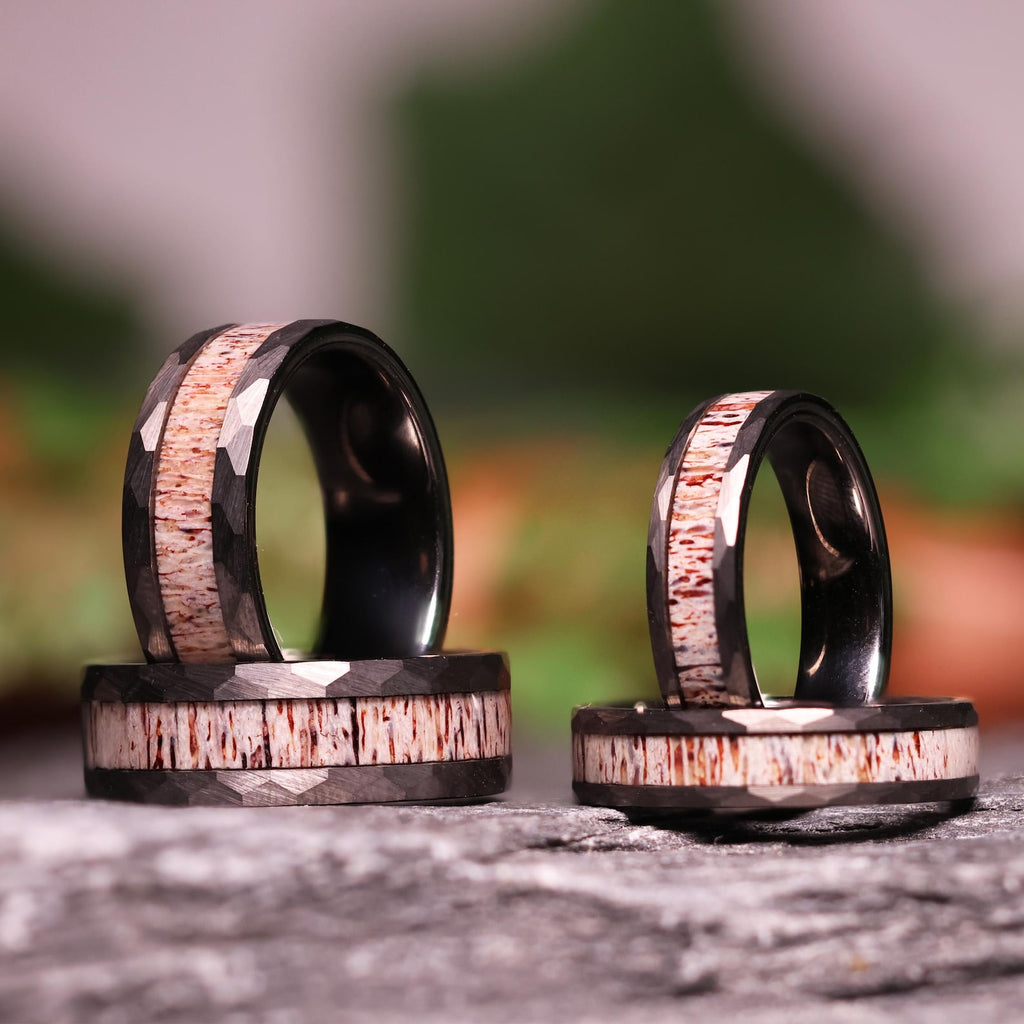 Hammered Antler Gunmetal Tungsten Wedding Band with Elk Antler Ring Inlay