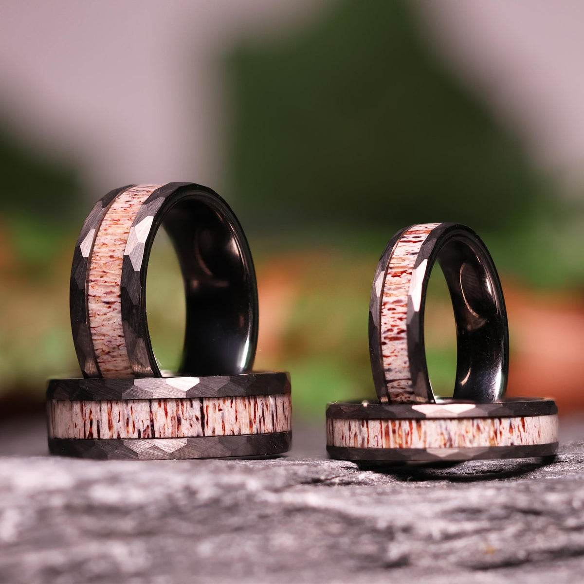 Hammered Antler Gunmetal Tungsten Wedding Band with Elk Antler Ring Inlay