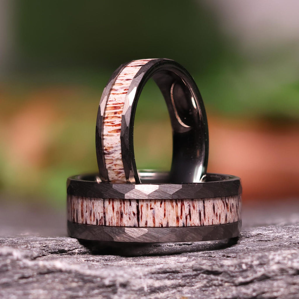 Hammered Antler Gunmetal Tungsten Wedding Band with Elk Antler Ring Inlay