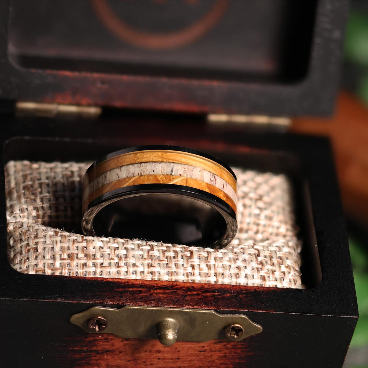 The Tipsy Elk: Whiskey Barrel Wood Deer Antler Ring Inlay Black Ceramic Wedding Band