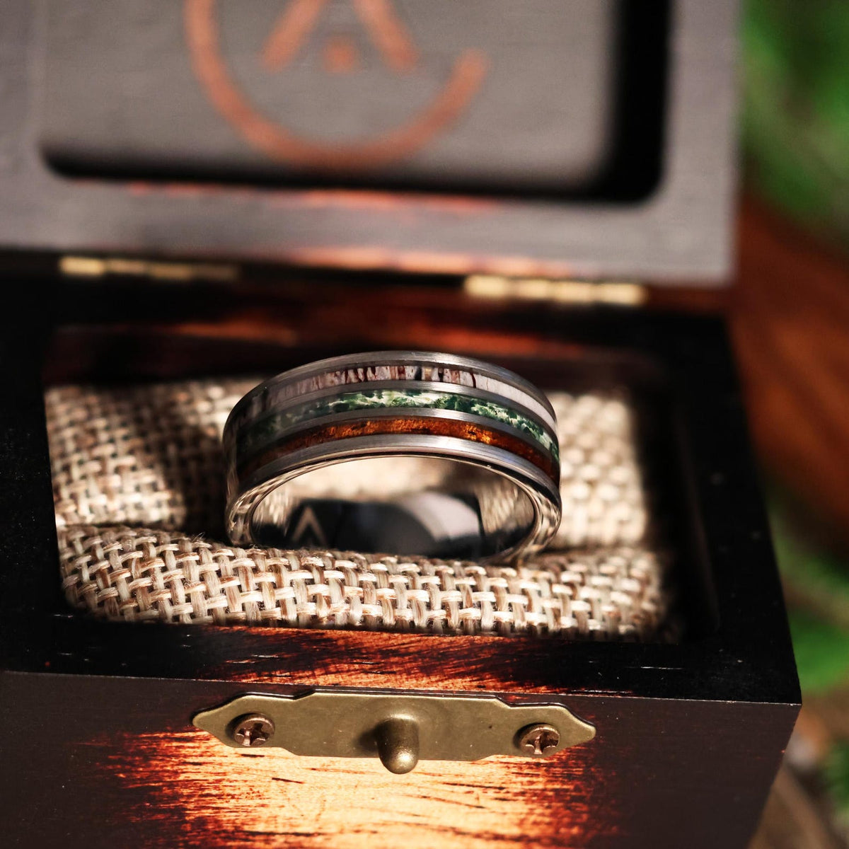 Moss Agate | Hawaiian Koa | Elk Antler  |  Wood Wedding Ring Band