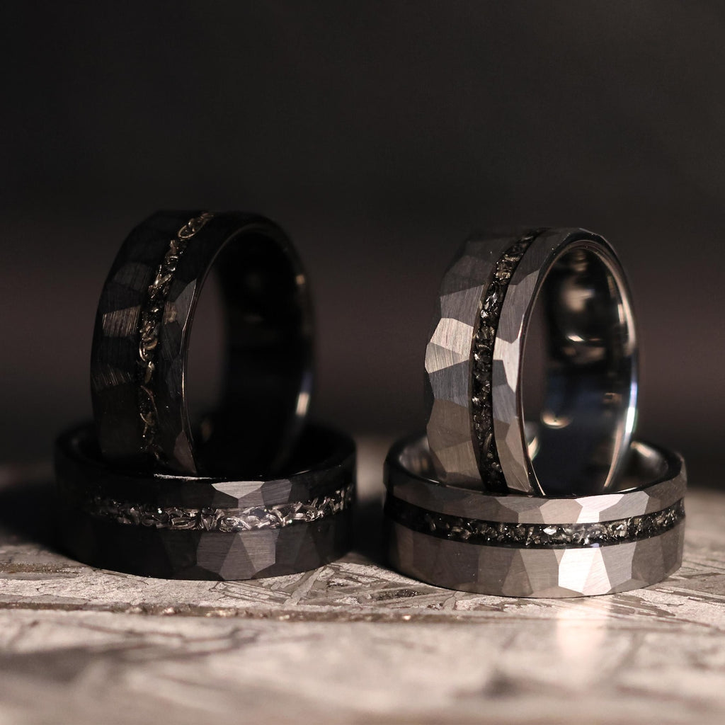 Black Space Rock Meteorite Wedding Ring: Hammered Tungsten Comfort Fit Band