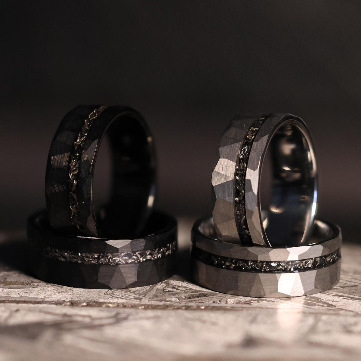 Black Space Rock Meteorite Wedding Ring: Hammered Tungsten Comfort Fit Band