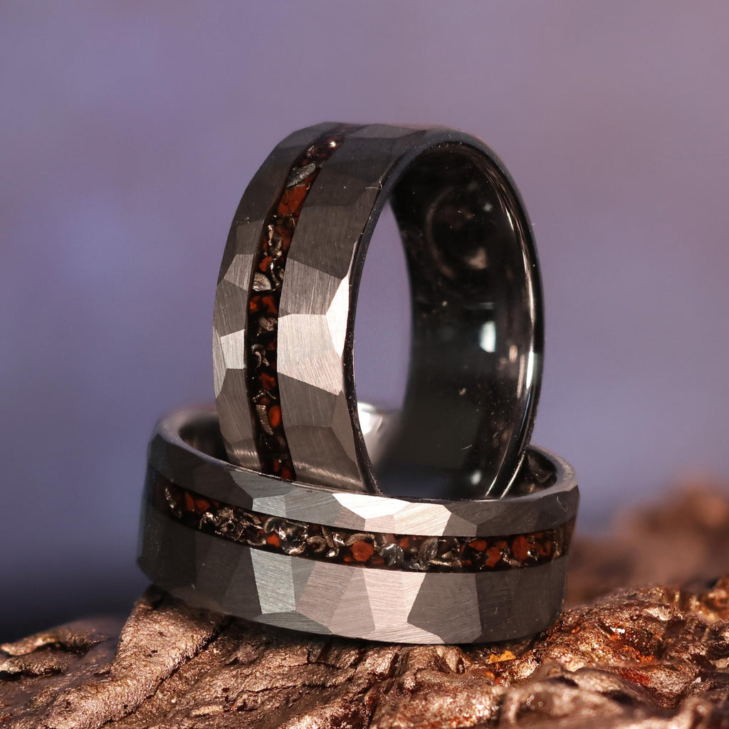 The Genesis: Dino Bone & Meteorite Hammered Silver Tungsten Offset Dinosaur fossil Wedding Band Ring