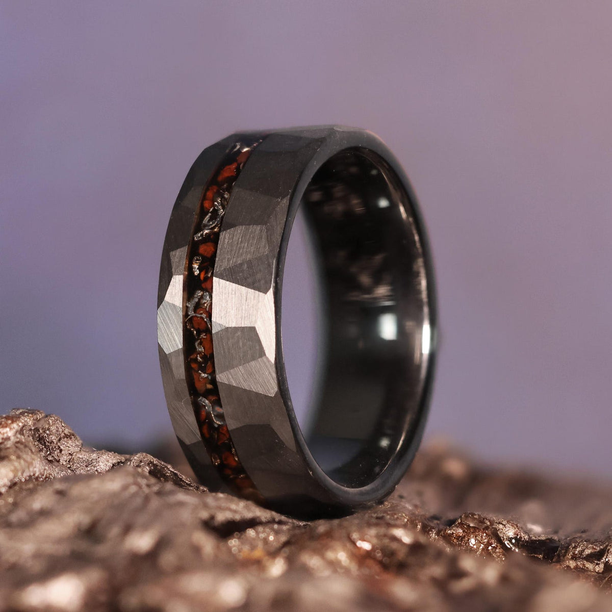 The Genesis: Dino Bone & Meteorite Hammered Silver Tungsten Offset Dinosaur fossil Wedding Band Ring