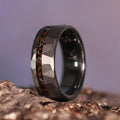 The Genesis: Dino Bone & Meteorite Hammered Silver Tungsten Offset Dinosaur fossil Wedding Band Ring