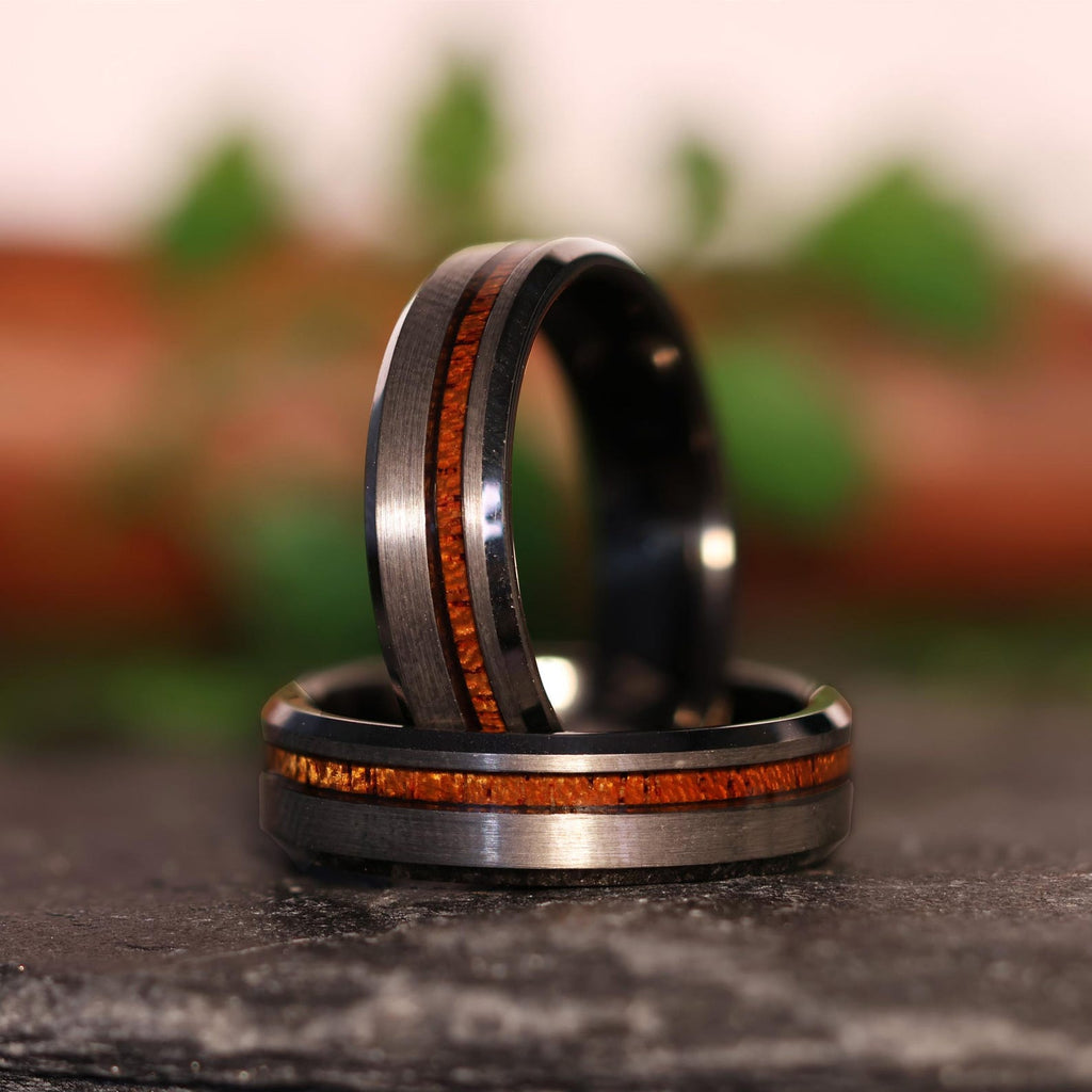 THE OHANA: Hawaiian Koa Bevelled Tungsten Wedding Band Wood Ring