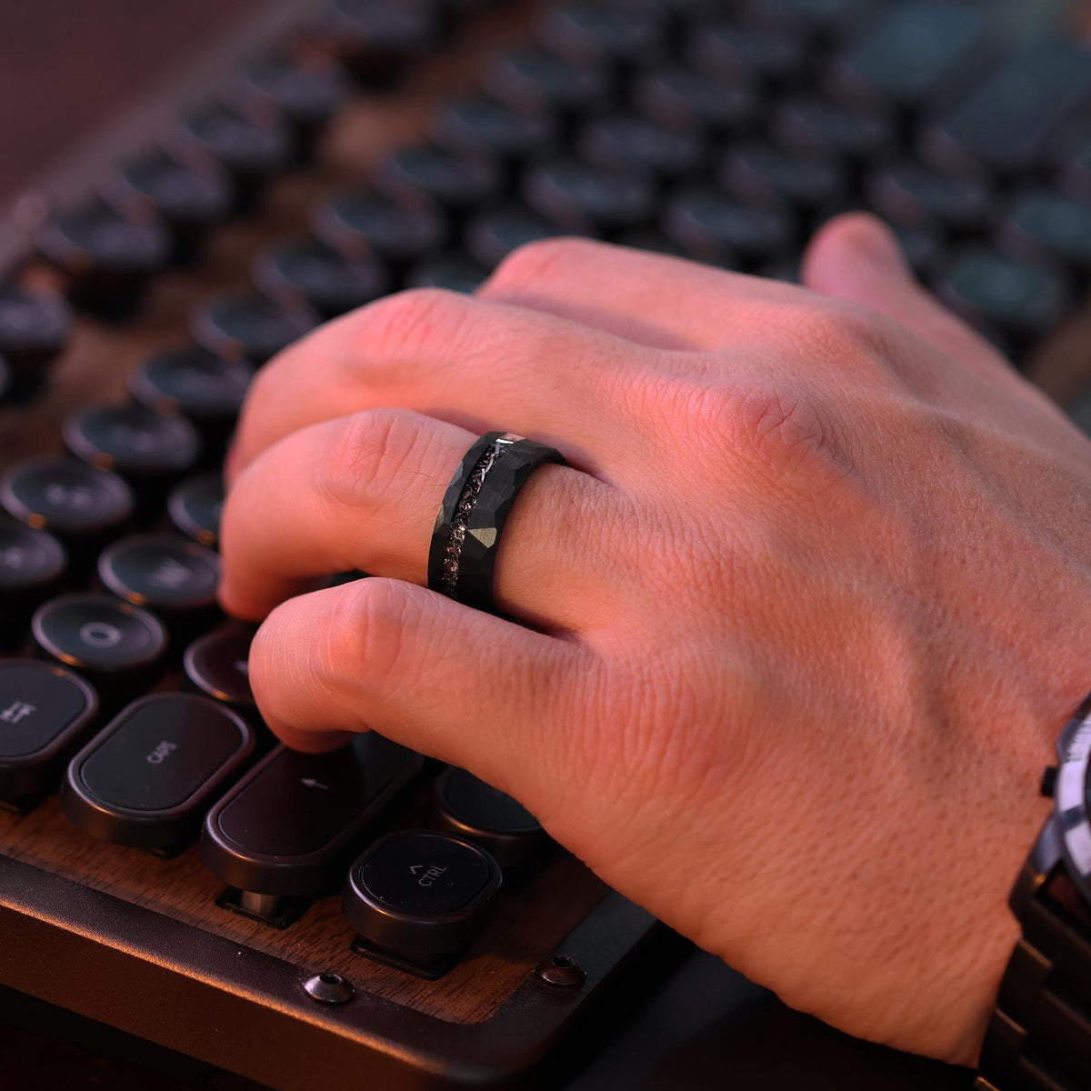 Black Space Rock Meteorite Wedding Ring: Hammered Tungsten Comfort Fit Band
