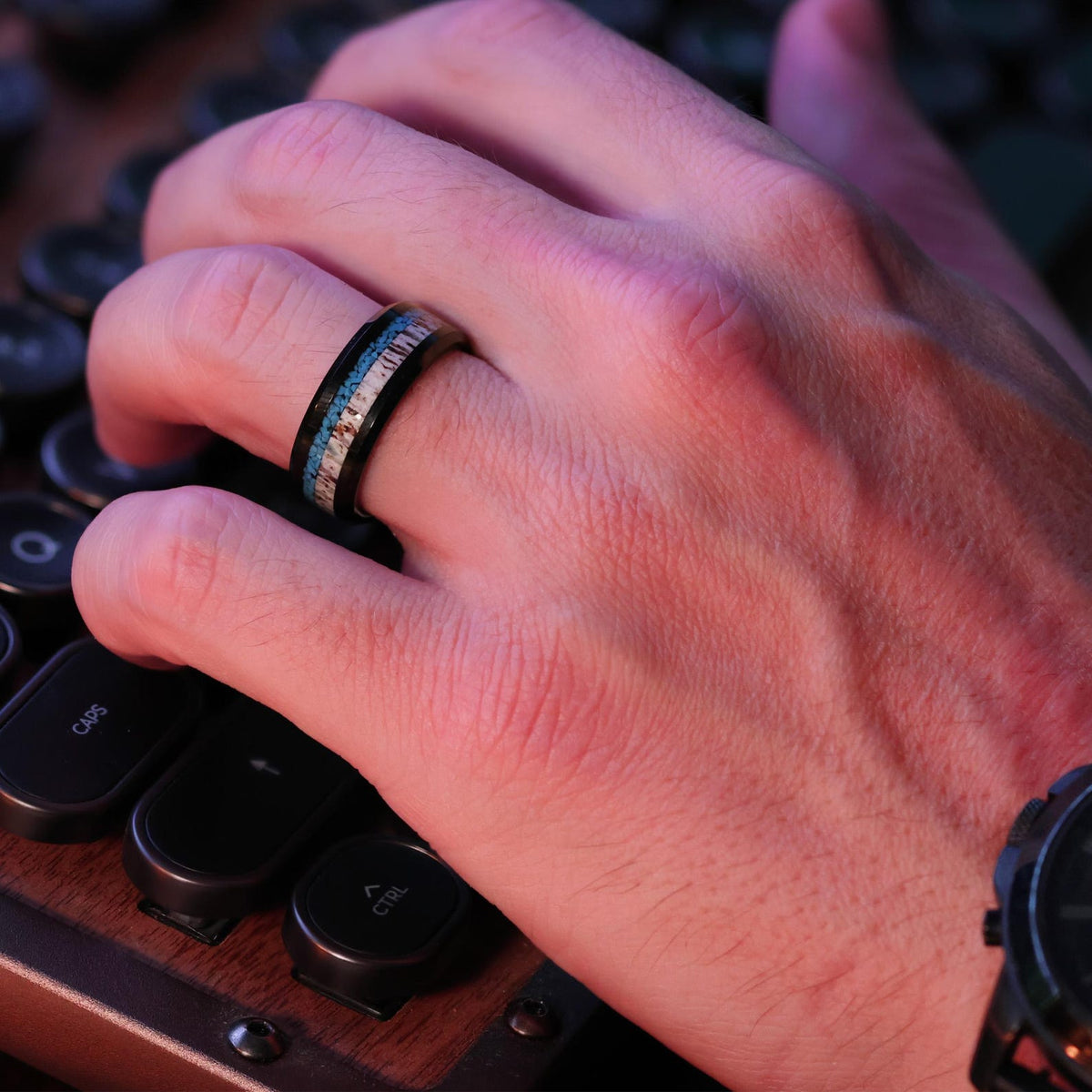 Turquoise Deer Antler Wedding Band: Black Tungsten Ring The Royal Elk