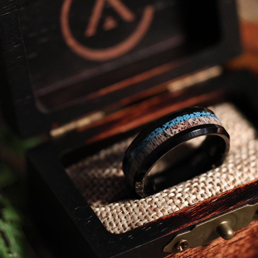 Turquoise Deer Antler Wedding Band: Black Tungsten Ring The Royal Elk