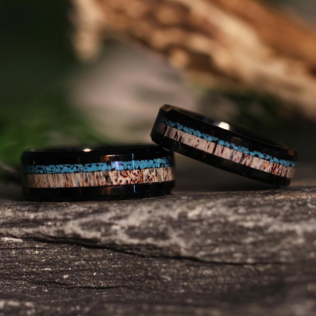 Turquoise Deer Antler Wedding Band: Black Tungsten Ring The Royal Elk