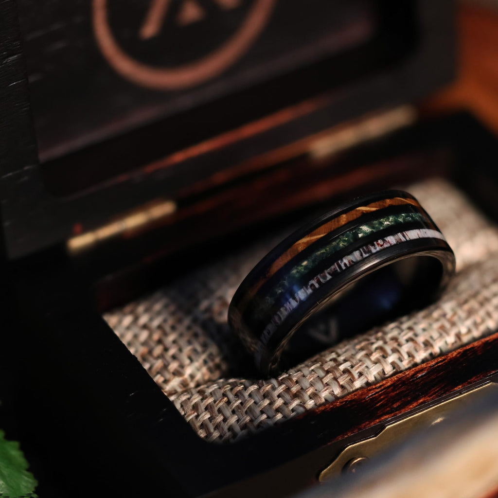 Whiskey Forest: Moss Agate, Whiskey Barrel, Deer Antler Black Tungsten Wedding ring band