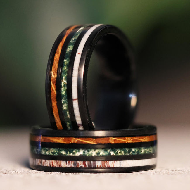 Whiskey Forest: Moss Agate, Whiskey Barrel, Deer Antler Black Tungsten Wedding ring band