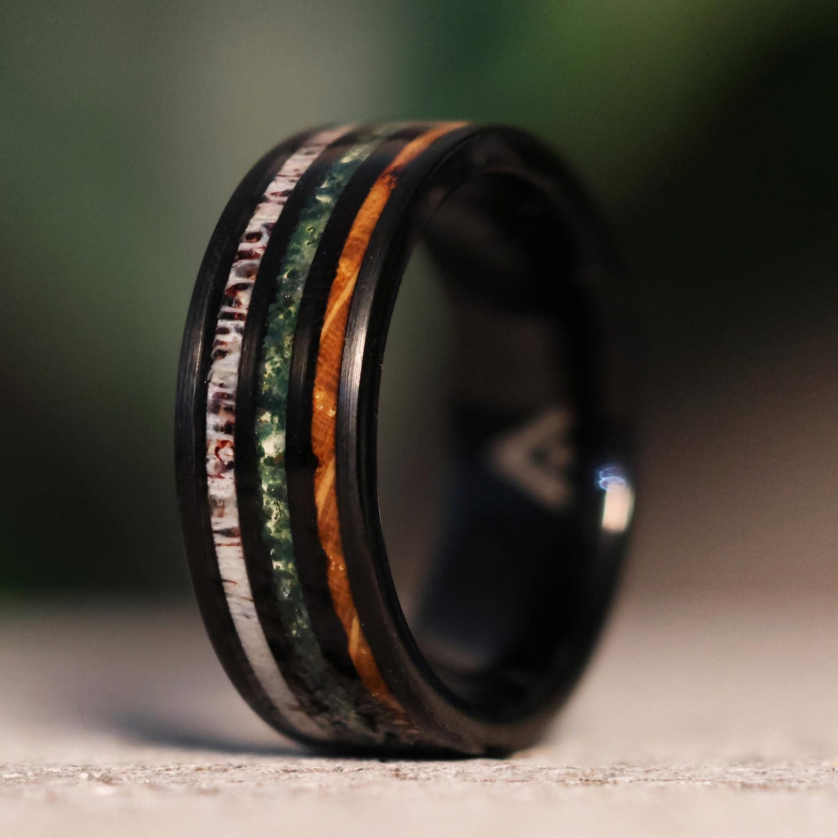 Whiskey Forest: Moss Agate, Whiskey Barrel, Deer Antler Black Tungsten Wedding ring band