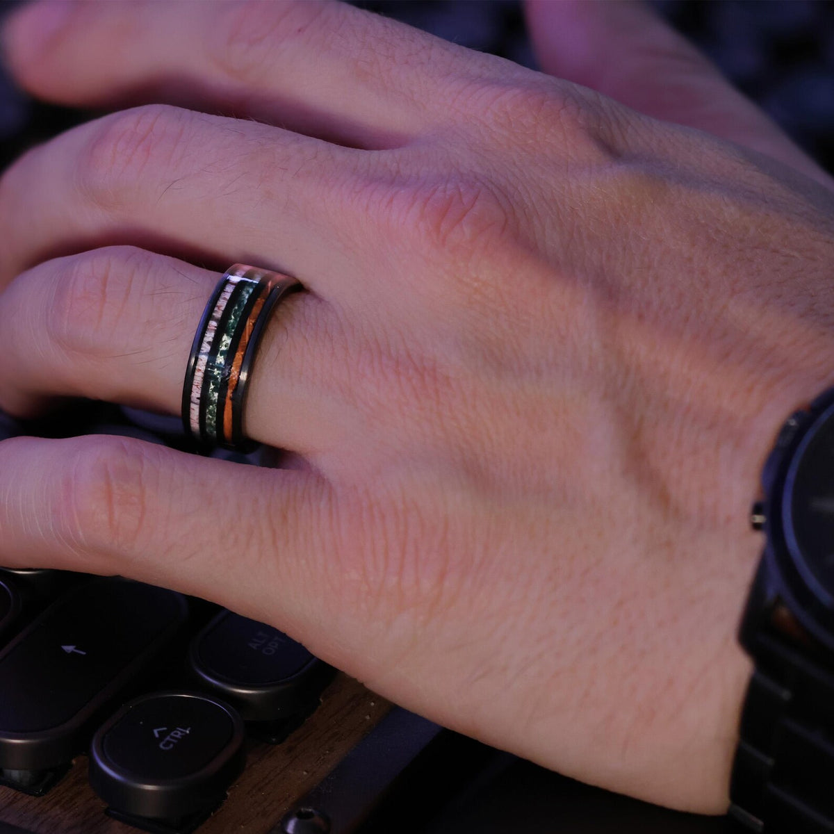 Whiskey Forest: Moss Agate, Whiskey Barrel, Deer Antler Black Tungsten Wedding ring band