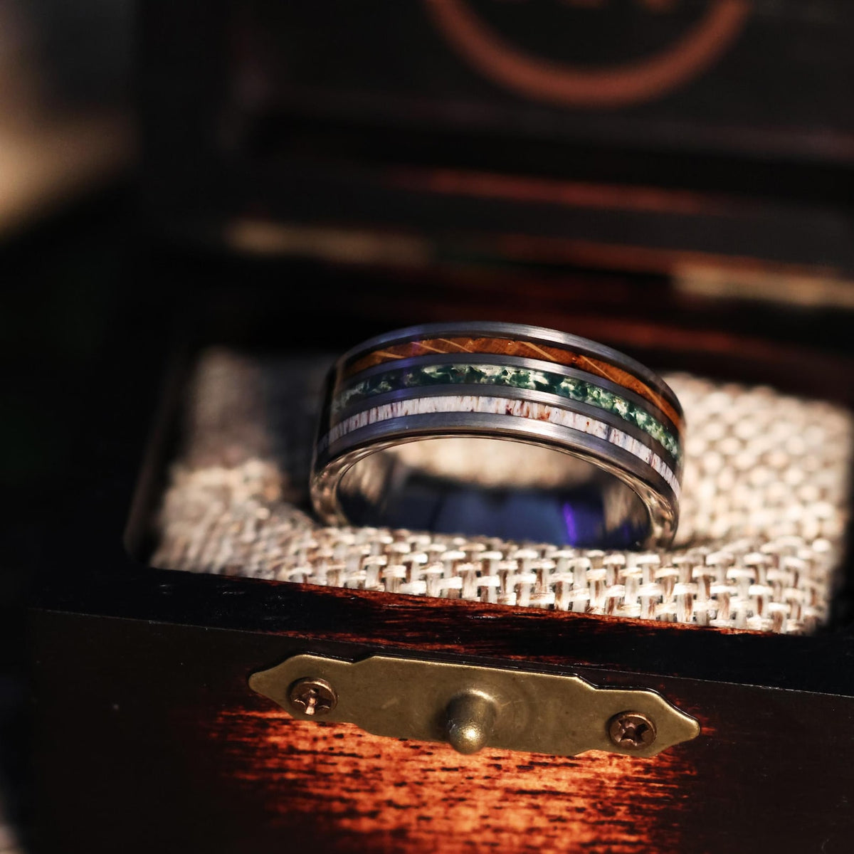 Moss Agate x Whiskey Barrel x Elk Antler: Gunmetal Tungsten Wood Wedding Ring Band