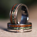 Moss Agate x Whiskey Barrel x Elk Antler: Gunmetal Tungsten Wood Wedding Ring Band