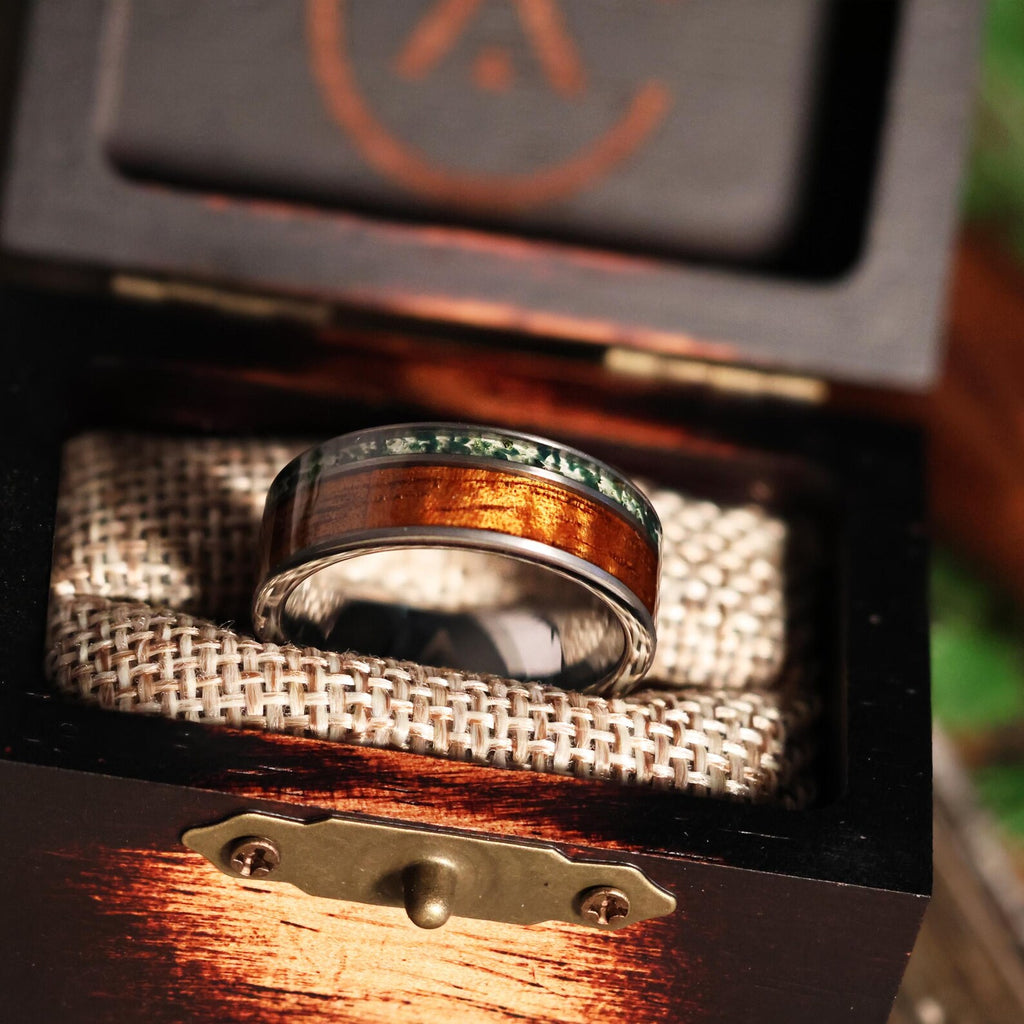 Koa Wood Moss Agate Tungsten Ring: Hawaiian Wedding Band